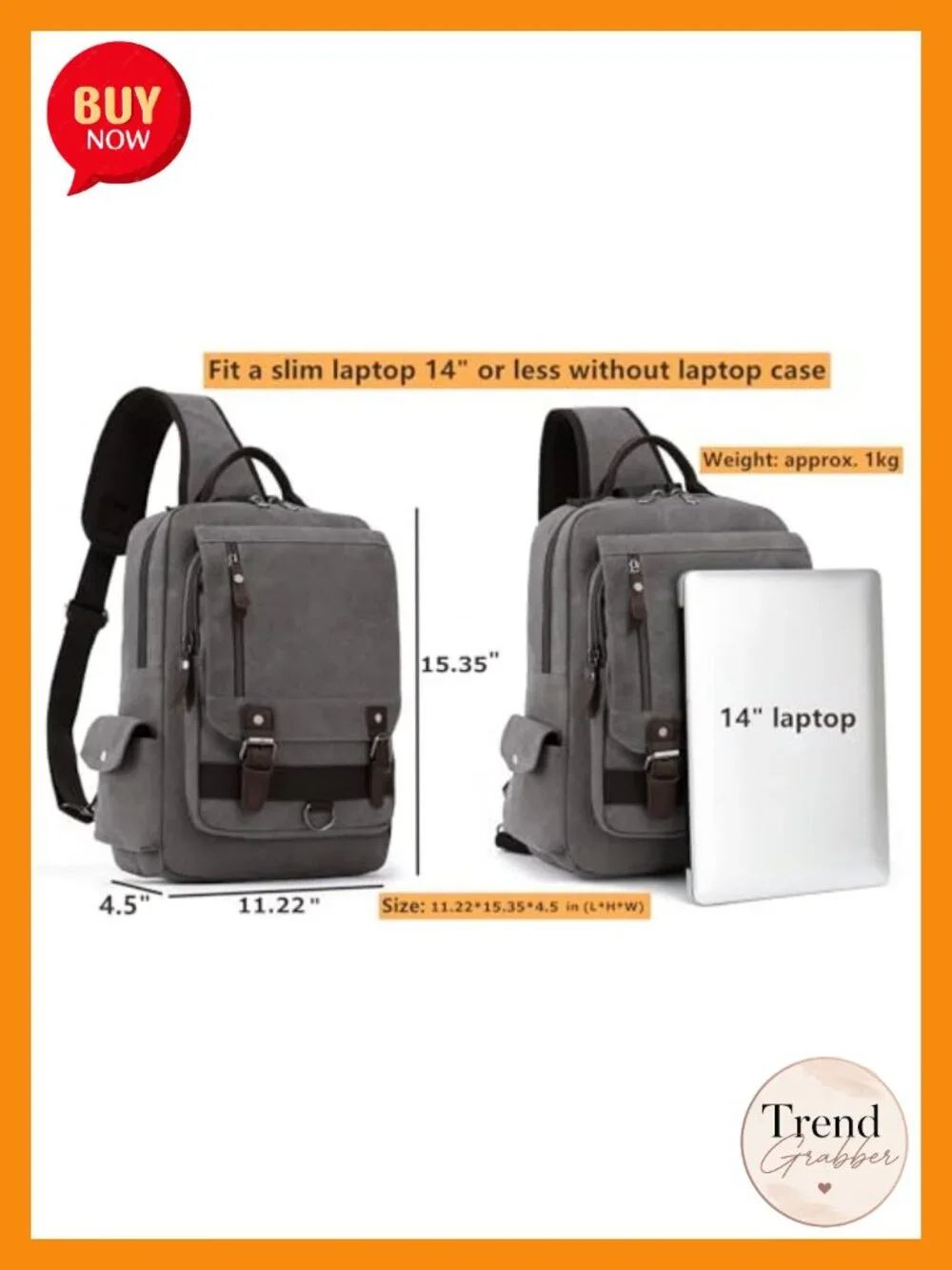 Retro Canvas Crossbody Sling Bag with Laptop Compartment, USB Port, Anti-Theft